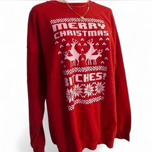 Ugly Sweater Red White Reindeer Snowflake Christmas Crewneck Sweatshirt Men's LG